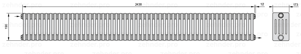 Схема (чертеж) Радиатор Zehnder Charleston 5019/53 №1670 Белый глянцевый RAL 9016